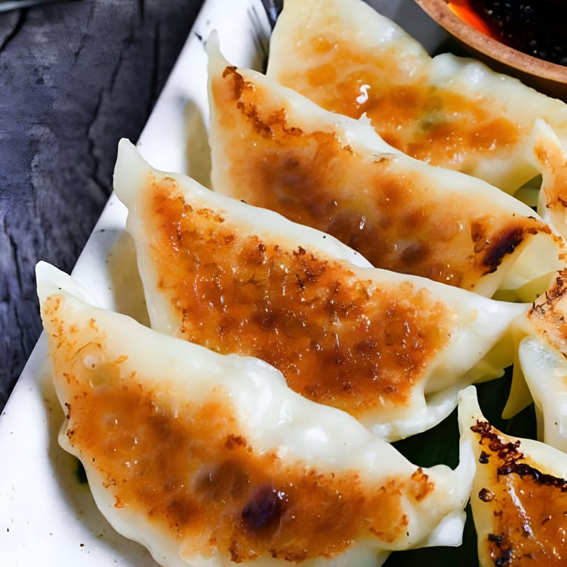 Close-up of pan-fried Chinese dumplings (gyoza) with golden-brown bottoms, served on a white plate.